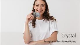  Presentation with credit card - Beautiful slides featuring banking - portrait of a smiling young backdrop and a soft green colored foreground
