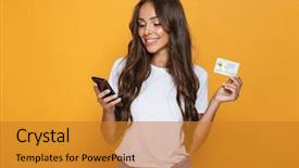  Presentation with mobile banking - Theme enhanced with banking - portrait of a smiling young background and a gold colored foreground