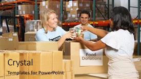  Presentation with food donations - PPT theme having banking - volunteers collecting food donations background and a yellow colored foreground