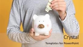  Presentation with piggy bank - Slides having banking - young man putting banknote background and a coral colored foreground