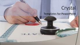  Presentation with notary - Slide set with banking act - lawyer notary signs the documents background and a  colored foreground