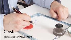  Presentation with notary - Cool new slide deck with banking act - lawyer notary signs the documents backdrop and a  colored foreground