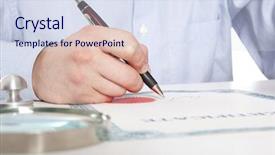  Presentation with notary - Presentation theme featuring banking act - lawyer notary signs the documents background and a  colored foreground