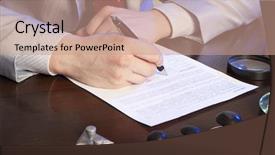  Presentation with notary - Theme with banking act - lawyer notary signs the documents background and a  colored foreground