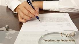  Presentation with notary - Presentation design consisting of banking act - woman notary lawyer signs background and a lemonade colored foreground