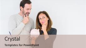  Presentation with piggy bank - Slide set featuring banking concentration - middle age couple holding piggy background and a mint green colored foreground