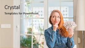  Presentation with bank - Beautiful slides featuring banking concentration - redhead woman holding dollar bank backdrop and a lemonade colored foreground