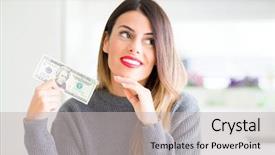  Presentation with bank - Theme consisting of banking concentration - young beautiful woman holding 20 background and a light gray colored foreground