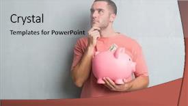  Presentation with banking - Slide deck with banking concentration - young caucasian man over grey background and a light gray colored foreground