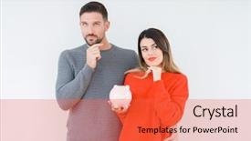  Presentation with piggy bank broken piggybank - Beautiful PPT layouts featuring banking concentration - young couple holding piggy bank backdrop and a red colored foreground