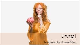  Presentation with piggy bank - Slide deck featuring banking concentration - young redhead woman holding piggy background and a  colored foreground