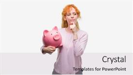  Presentation with questions question marks idea - Theme having banking concentration - young redhead woman holding piggy background and a  colored foreground