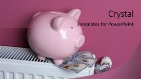  Presentation with piggy bank is evil - PPT theme featuring banking facilities - cute piggy bank with dollars background and a coral colored foreground