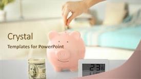  Presentation with piggy bank - Amazing theme having banking facilities - savings concept female hand putting backdrop and a  colored foreground
