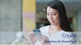  Presentation with mobile use - PPT layouts featuring banking hall - asian woman use of mobile background and a sky blue colored foreground