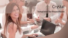  Presentation with employees - PPT layouts featuring banking hall - bank employees hold a workshop background and a coral colored foreground