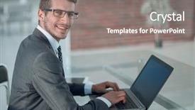  Presentation with laptop - Beautiful slide set featuring banking hall - businessman typing text on laptop backdrop and a gray colored foreground