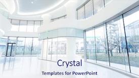  Presentation with modern building - Beautiful PPT theme featuring banking hall - futuristic modern office building interior backdrop and a sky blue colored foreground