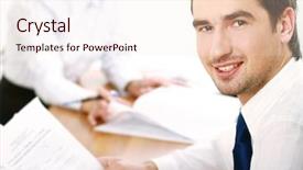  Presentation with working together - Audience pleasing slides consisting of banking law - colleagues working together in office backdrop and a  colored foreground