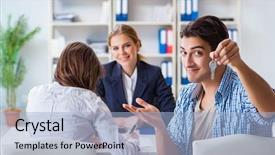  Presentation with mortgage - Colorful theme enhanced with banking legal - young family agreeing mortgage contract backdrop and a light blue colored foreground