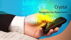  Presentation with mobile banking - Beautiful slide set featuring banking mobile - hand holding smartphone with business backdrop and a cyan colored foreground