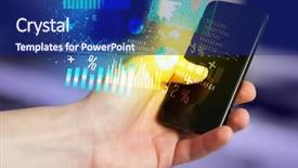  Presentation with mobile banking - Colorful slide set enhanced with banking mobile - hand holding smartphone with business backdrop and a navy blue colored foreground