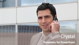  Presentation with retail smart phone - Beautiful presentation theme featuring banking mobile - smart man talking on phone backdrop and a gray colored foreground