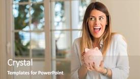  Presentation with business profit - Cool new PPT layouts with banking profitability - beautiful young woman holding piggy backdrop and a coral colored foreground