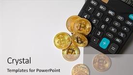  Presentation with monero cryptocurrency hologram coin form - Presentation consisting of banking regulation - cryptocurrency coins bitcoin and ethereum background and a  colored foreground