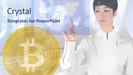  Presentation with transparent screen - Presentation design consisting of banking token - futuristic bitcoin btc woman touch background and a sky blue colored foreground