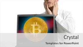  Presentation with investing - Theme consisting of banking token - sad businessman investing in bitcoin background and a  colored foreground