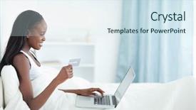  Presentation with online shopping and delivery - PPT layouts enhanced with banking transaction - smiling woman shopping online background and a sky blue colored foreground