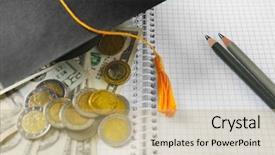  Presentation with school graduation - Slide deck with banknotes and coins pocket money background and a  colored foreground