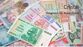  Presentation with european union banknotes and coins - Colorful presentation design enhanced with banknotes of zimbabwe after hyperinflation backdrop and a  colored foreground