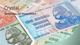  Presentation with european union banknotes and coins - Theme with banknotes of zimbabwe after hyperinflation background and a  colored foreground