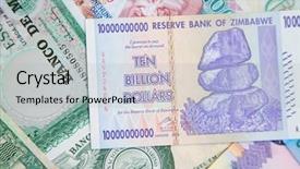  Presentation with european union banknotes and coins - Colorful theme enhanced with banknotes of zimbabwe after hyperinflation backdrop and a  colored foreground