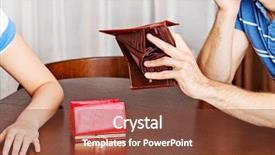  Presentation with empty of wood table top - Amazing presentation design having bankrupt - worried couple sitting backdrop and a tawny brown colored foreground