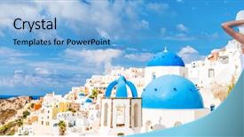  Presentation with banner blue - Slide deck enhanced with banner from oia santorini greece background and a light blue colored foreground