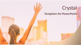  Presentation with joy - PPT layouts consisting of happy success winner woman with arms up raised in joy at new york city skyline sunset banner panoramic of downtown buildings cityscape person from behind arms outstretched to the sky in happiness background and a lemonade colored foreground