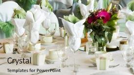  Presentation with banquet hall - PPT theme featuring banquet hall - set tables with party favors background and a soft green colored foreground
