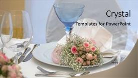  Presentation with wedding banquet table - Amazing PPT theme having banquet hall - table set for a wedding backdrop and a light blue colored foreground