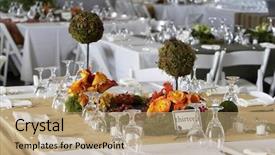  Presentation with wedding banquet table - Audience pleasing PPT theme consisting of banquet hall - table setting for a wedding backdrop and a coral colored foreground