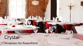  Presentation with banquet hall - PPT theme enhanced with banquet hall - tables set for meal background and a soft green colored foreground