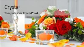  Presentation with flower wedding - PPT theme with banquet hall - wedding table flower decoration background and a light gray colored foreground