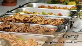  Presentation with catering - PPT theme featuring banquet table with chafing dish background and a coral colored foreground