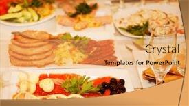 Presentation with banquet - Colorful presentation design enhanced with banquet-table-with-food-close backdrop and a yellow colored foreground