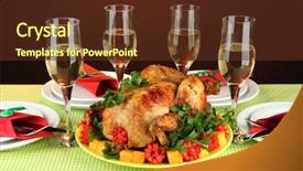  Presentation with banquet - Theme with banquet table with roast chicken close-up thanksgiving day background and a tawny brown colored foreground