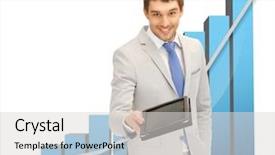  Presentation with graphics - Cool new PPT theme with bar chart showing increase arrow - picture of handsome man backdrop and a light gray colored foreground