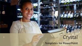  Presentation with waitress - Beautiful PPT theme featuring bar counter using pos system backdrop and a mint green colored foreground