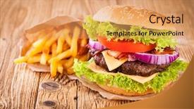  Presentation with hamburger - PPT layouts having bar food - delicious hamburger on wood background and a coral colored foreground